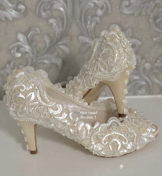 Lace applique shoes wedding heels bridal pumps | Etsy Ivory Lace Wedding Shoes Crystal Handmade Appliques Flat
