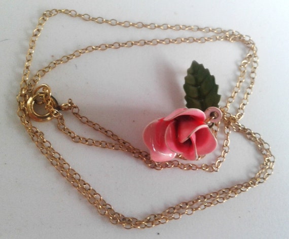 Delicate , thin chain, enamel Rose and Leaf neckl… - image 1
