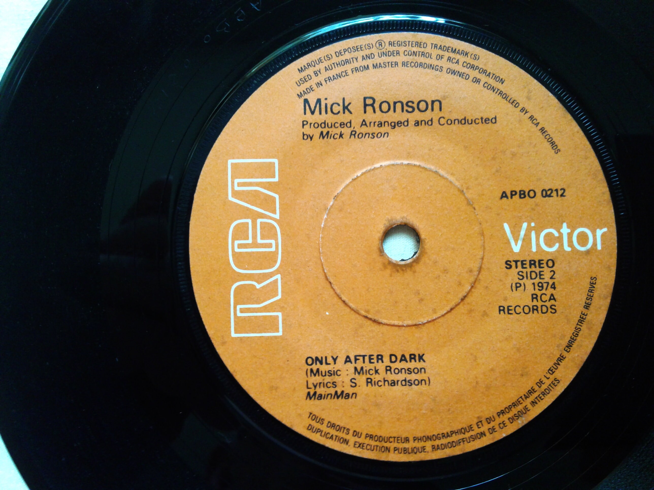 Mick Ronson "Only After Dark" British vinyl 45 record. 1974.  Hard Rock/Bowie/Glam.