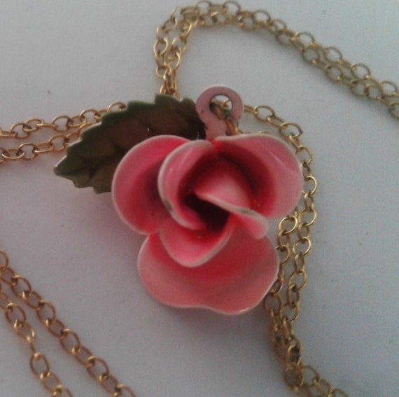Delicate , thin chain, enamel Rose and Leaf neckl… - image 3