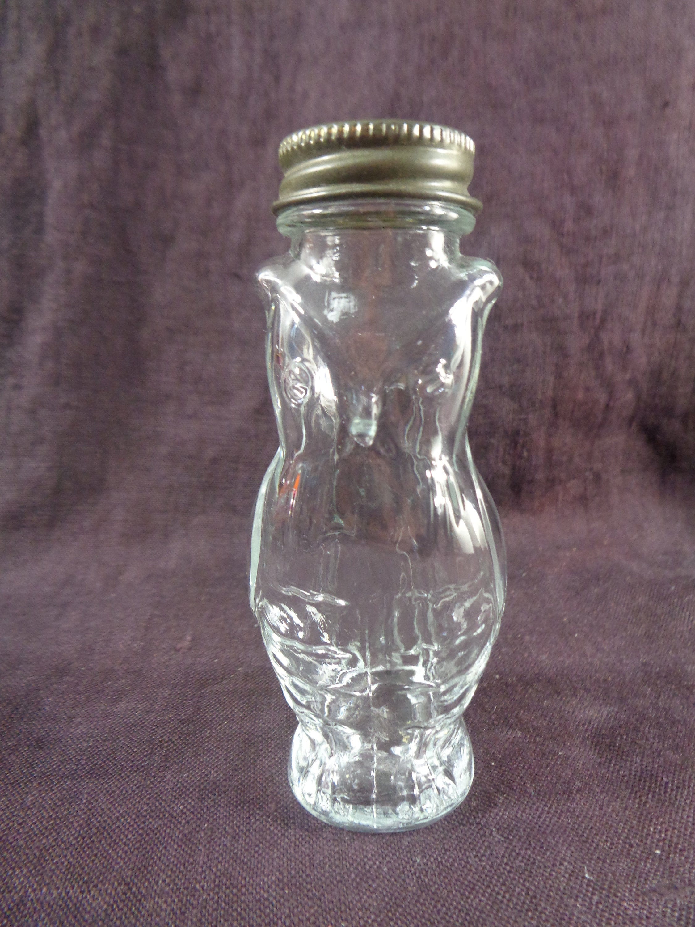 Glass Owl Bottle with shaker tin screw on lid. 1960's.