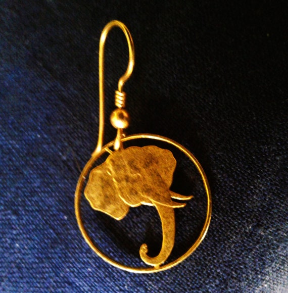 Somalia cut coin Elephant one cent gold earring. … - image 1