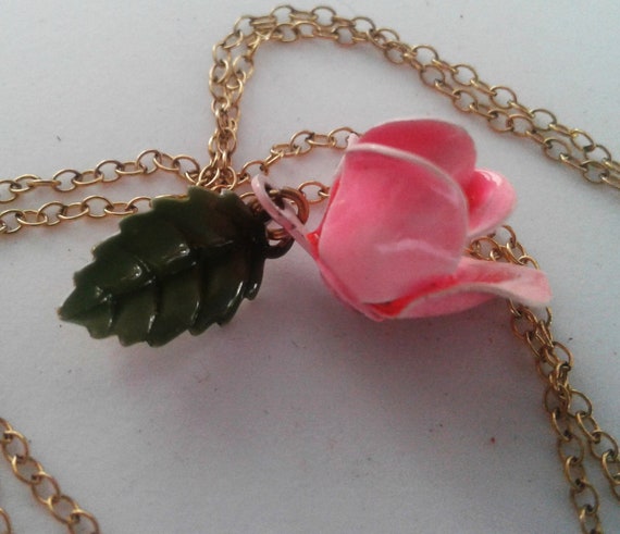 Delicate , thin chain, enamel Rose and Leaf neckl… - image 2