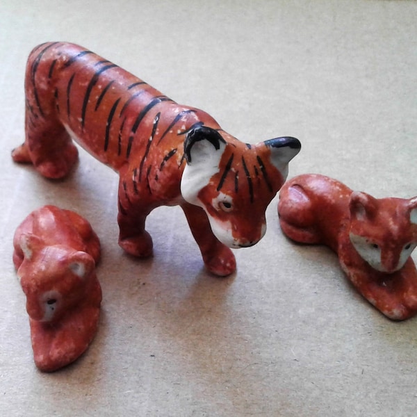 Early 1900's, German Bisque, Tiger Mom and Cubs. Hand painted, Porcelain,  Antique toys.