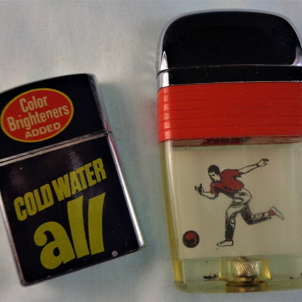 Two vintage cigarette lighters.  "All" detergent & Bowling theme.