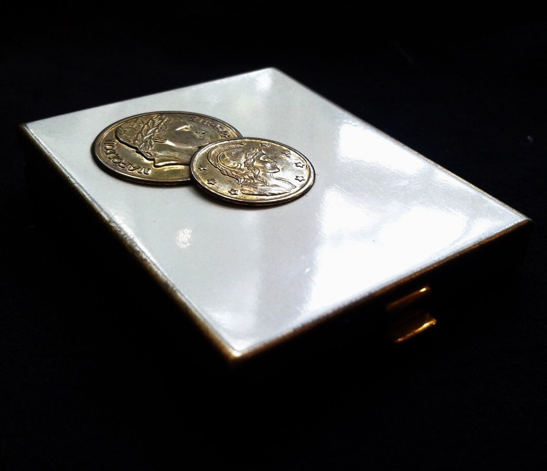 Small Compact Case That Holds Ten Small Photos. White Enamel With Roman ...
