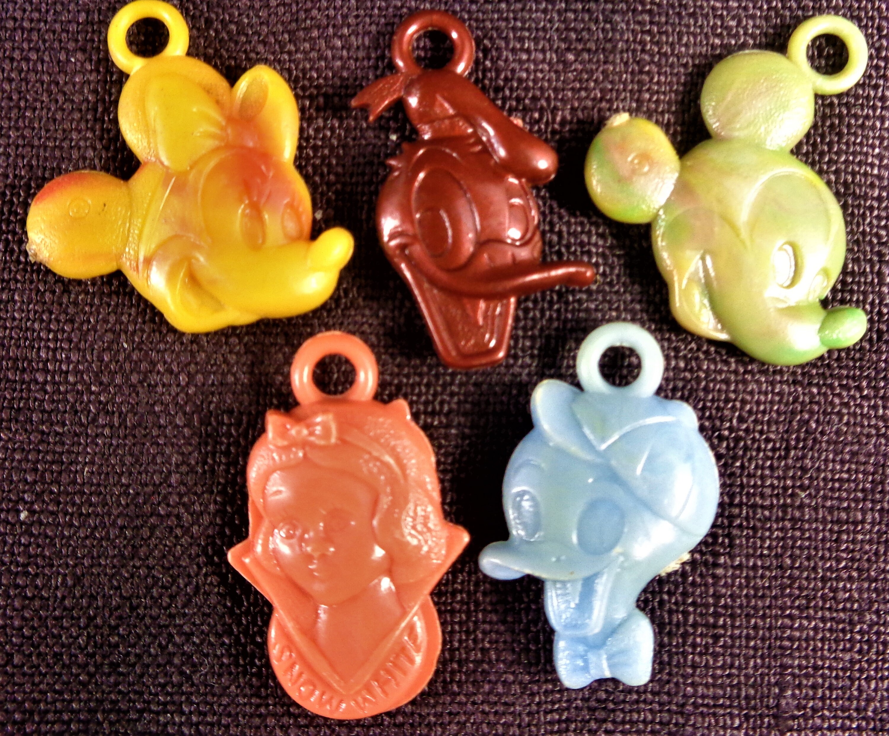 BixleyVintage Vintage Celluloid Cracker Jack Charms | Colorful Plastic Charms with Metal Loops | Pegasus, Rooster, Mickey Mouse, Gargoyle, & Song Bird 4