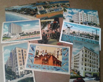 Miami, Ft Lauderdale, Hollywood & Miami Beach. 9 Vintage Linen Postcards.  1930/1940.