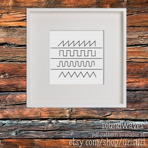 May include: A framed black and white illustration of four different sound waves. The text "soundwaves" and "pdf pattern available at etsy.com/shop/uzisuz" is below the image.