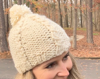 Off white Adult Winter Hat, warm bulky hat, women's toboggan with pompon, handmade beanie, cable design, cream, gift for her, skullcap