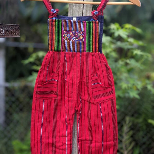 Handloomed Authenic Guatemalan Children's Romper with Huipil detail, adjustable straps and pockets in Red with Rainbow details