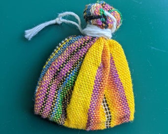 Guatemalan worry doll bag with 5 miniature worry dolls and explanation of legend of worry dolls