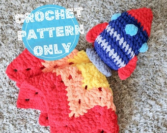 Rocket Ship Lovey, No Sew CROCHET PATTERN, Crochet Rocket, PDF Download Only, Baby Snuggler, Baby Blanket, HMKHandmade, Heirloom Toy