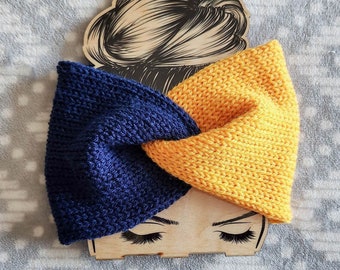 Blue And Gold Earwarmer, Twisted Ear Warmer, Team Spirit, WVU Mountaineers, Michigan, Pittsburgh Steelers, Keyser Tornado, Blue And Yellow