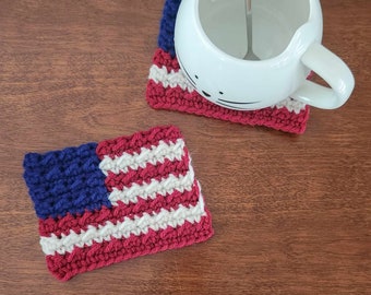 American Flag Coasters, Crochet Coaster Set, Americana Decor, For The Table, For The Home, Farmhouse Decor, Independence Day, Fourth of July