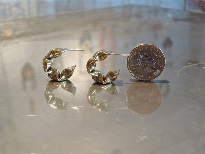 Puffy golden brass semi hoop earrings with silver post