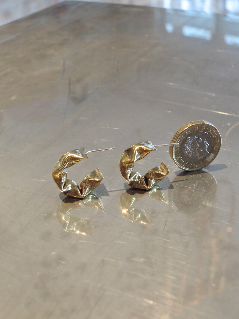 Puffy golden brass semi hoop earrings with silver post