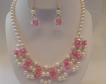 Pink Swarovski Crystal and White Pearl Necklace