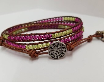 Magenta Crystals 3x Leather Wrap