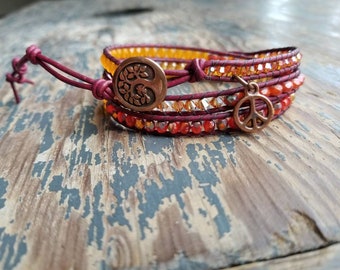 Peacefully Orange 3x Adjustable leather wrap