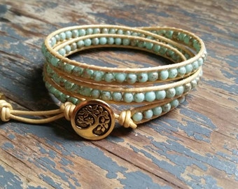 Turquoise and gold accented 3x adjustable leather wrap