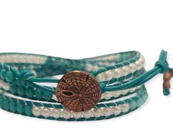 Turquoise Pearls 3x adjustable leather wrap