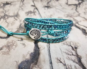 Turquoise and silver Dreams 3x Adjustable leather wrap