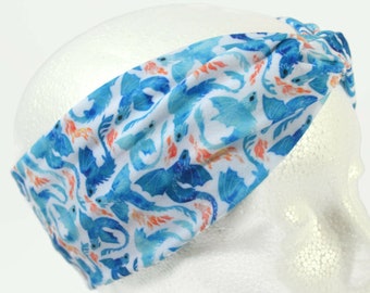 Dragon Headband Adult Size - Cute Blue Dragons Headband Faux Knot - Soft Adult Extra Wide Headband