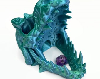 Filigree Dragon Skull Dice Roller / Dice Tower - Blue/Green