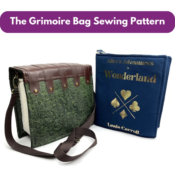 May include: A green and brown book-style bag with a strap. The bag has a floral pattern and metal accents. The bag is closed and sitting on a white surface. The bag is next to a blue book with gold lettering that reads "Alice's Adventures in Wonderland" by "Lewis Carroll".