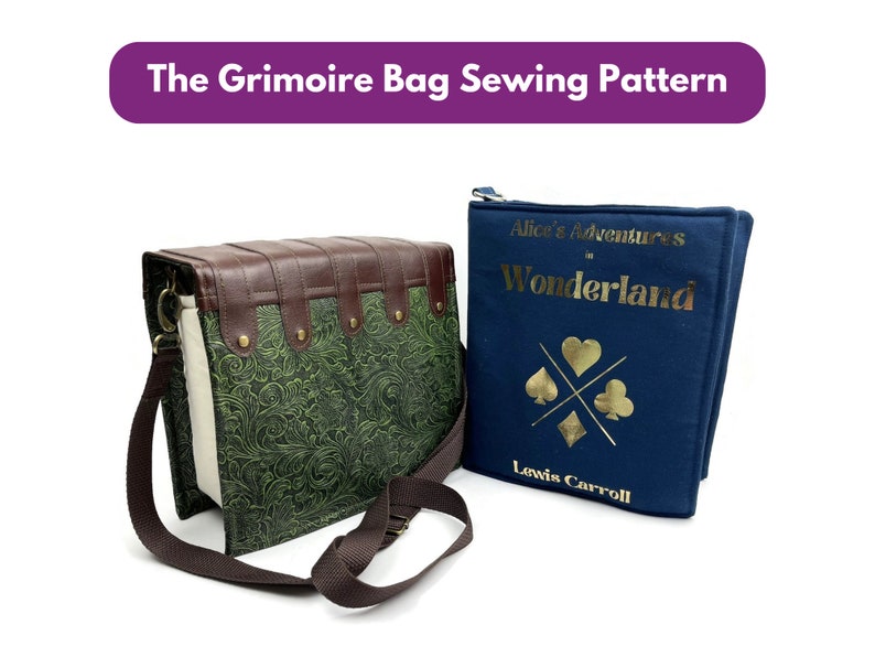 May include: A green and brown book-style bag with a strap. The bag has a floral pattern and metal accents. The bag is closed and sitting on a white surface. The bag is next to a blue book with gold lettering that reads "Alice's Adventures in Wonderland" by "Lewis Carroll".