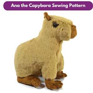 Op de afbeelding: Een pluche capybara-speelgoed genaamd Ana, zittend op een witte achtergrond. Het speelgoed is bruin met een lichtbruine snuit en zwarte ogen. Het speelgoed is gemaakt van zacht, pluche stof.