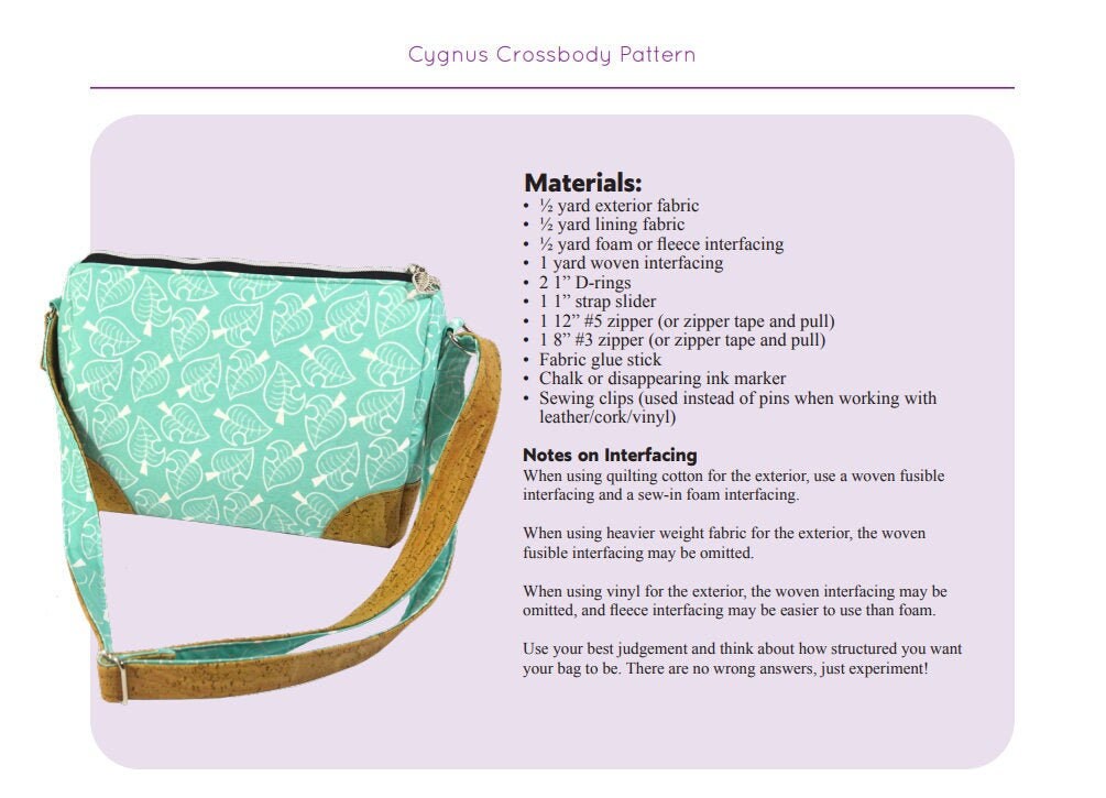 Crossbody Bag PDF Sewing Pattern - the Cygnus - Instantly Downloadable ...