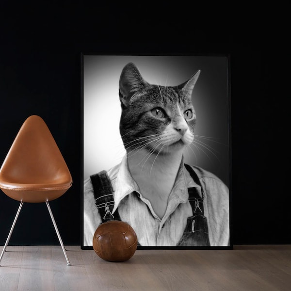 Portrait animal en costume habillé, impression d'art de chat noir et blanc (toile, papier photo, poster, tirage baryté), cadeau original