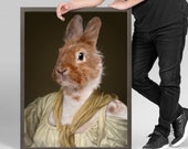 Camille - portrait d'un lapin blanc et roux habillé  d'un petite robe empire, portrait animalier en costume, idée cadeau