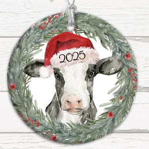 Santa Cow Christmas Wreath Ornament, Cow Ornament, Personalized Cow, Christmas Gift, Housewarming Gift, Christmas Ornament, Farm Ornament
