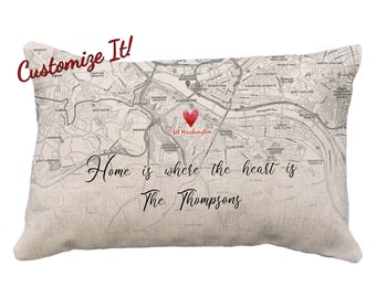 Home is Where the Heart Is Custom Map Pillow Or Cover, 12 x 18, Personalized Map and Text, Home Pillow, Gifts for Family, Gifts for Friends