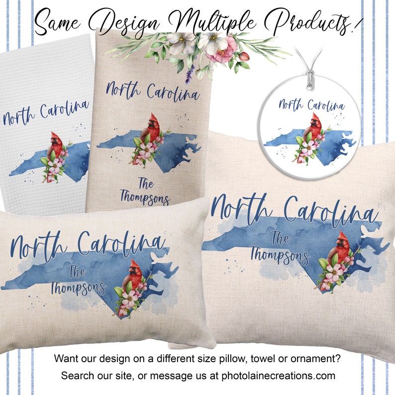 May include: A collection of home decor items featuring a watercolor design of the North Carolina state outline, a cardinal, and floral accents. Items include a towel, ornament, and pillows. The text "North Carolina" and "The Thompsons" are displayed.