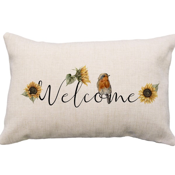 Welcome Pillow or Case, 12x18, Welcome Bird Sunflower Pillows, House Warming Gifts, Home Pillows,  Sunflower Gifts, Welcome Gifts, Bird Gift