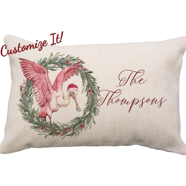 Santa Roseate Spoonbill Christmas Wreath Custom Pillow or Cover, 12 x 18, Custom Spoonbill Pillow, Christmas Pillow, Spoonbill