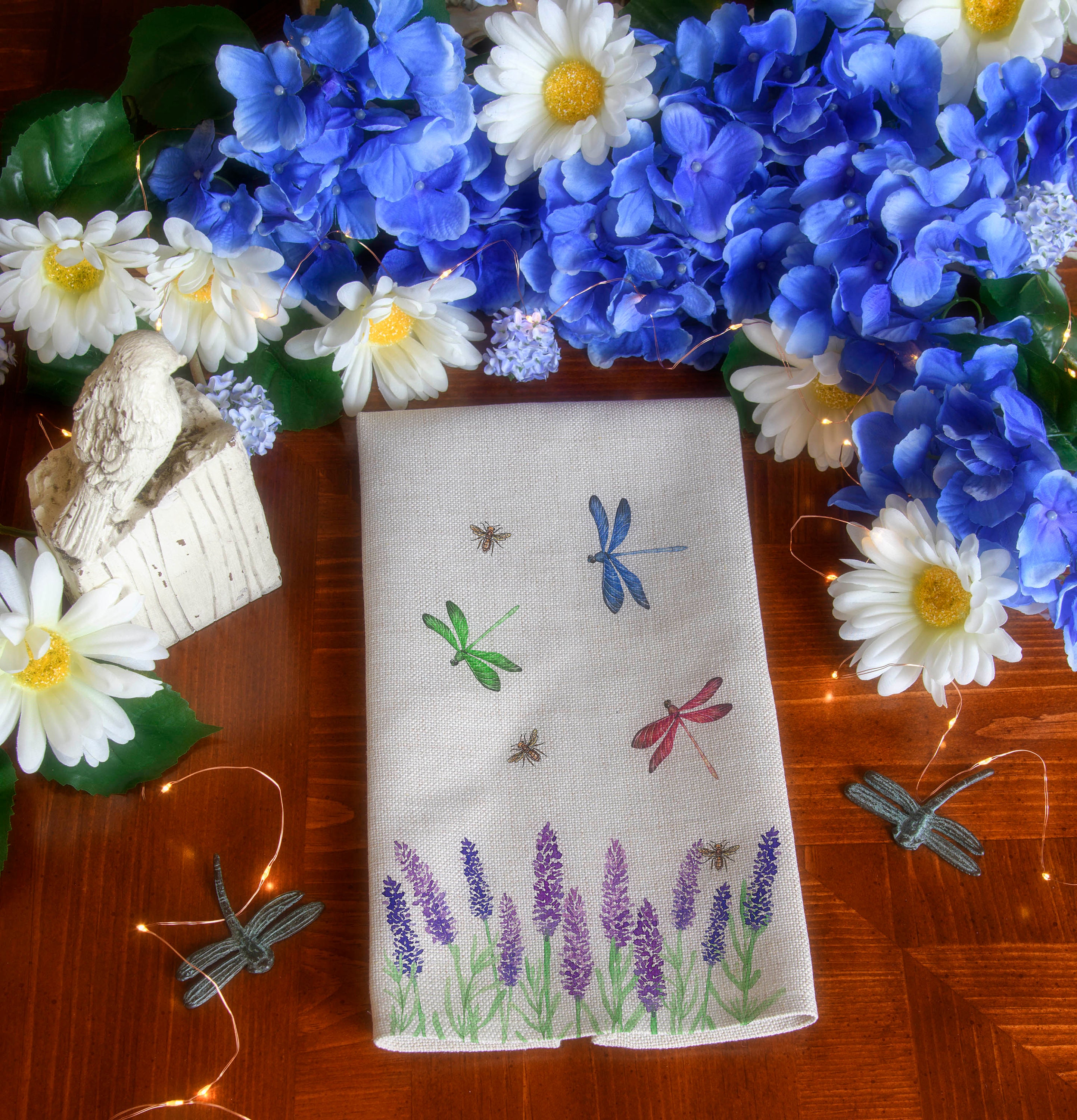 Dragonfly and Lilacs Tea Towel Kitchen Decor Linen White Etsy