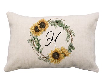 Sunflower Wreath Monogram Pillow Or Cover, Personalized Pillow, 12x18* Pillow, Sunflower Wreath Pillow, Housewarming Gift, Gifts for Friends