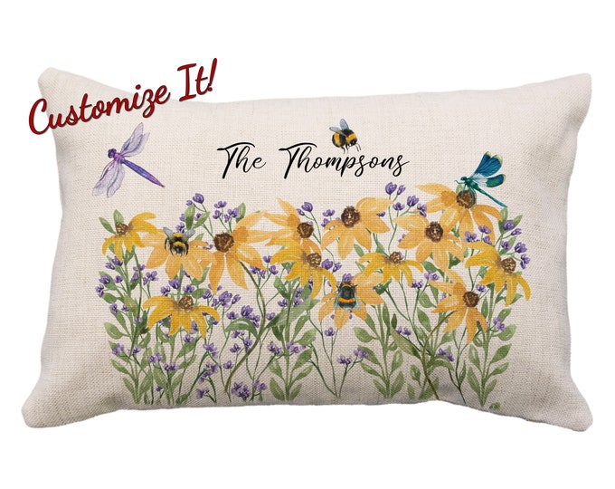 Dragonflies, Bumble Bees and Cone Flowers Custom Pillow Or Case, Floral Pillow, 12 x 18, Floral Gifts, Home Decor, Dragonfly Pillow