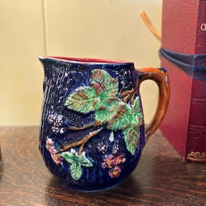 Antique Majolica Blue Pitcher With Cranberry Interior