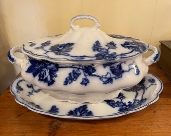 Flow Blue Tureen With Platter By Johnson Bros.