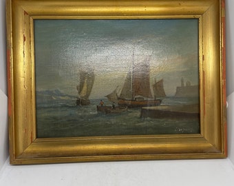 Antique Framed Oil Of A Sailing Ship