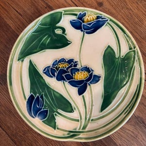 MaJolica Plate With Blue Flowers And Green Leaves In aesthetic Of Five