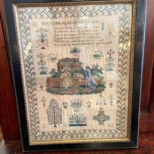 Antique English Sampler On Linen In Original Frame Dated 1842