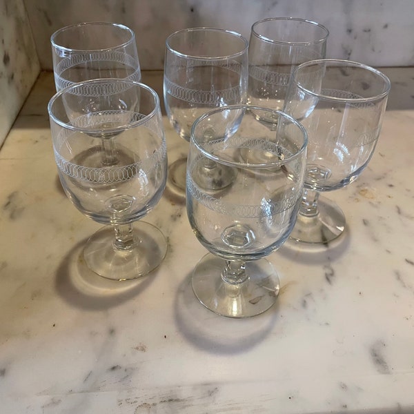 Set Of Six Wine Glasses With Etched Design From Italy