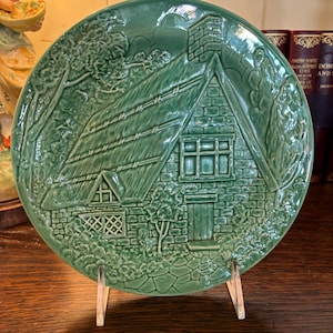 Green Majolica Plate With A House